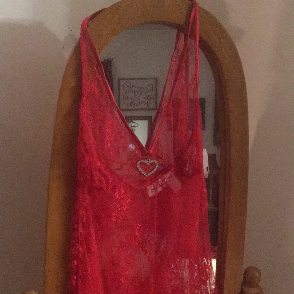 Fredericks of Hollywood sexy red lace ribbon LONG gown nighty S NWT VALENTINES